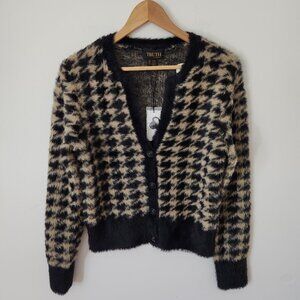 Truth By Republic Cardigan Sweater Size M Women Black Beige Houndstooth Fuzzy